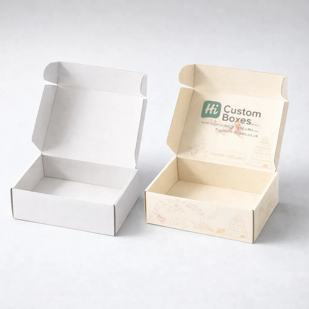 Plain white and custom-printed cream cardboard cake shipping boxes with floral patterns and a tiered cake illustration. class=